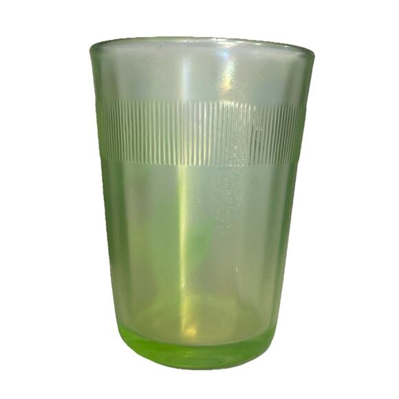 Antique Fenton Carnival Green Vaseline Glass Painted Daisy Flower Tumbler Cup 4” - Picture 3 of 9